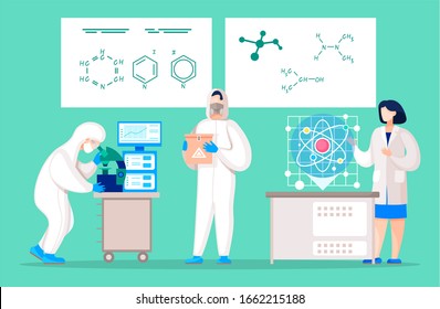 Collection of medical workers or scientists working on diagnosis in laboratory. Set of people in lab, teamwork of researchers or chemists dealing with viruses and hazardous substances vector
