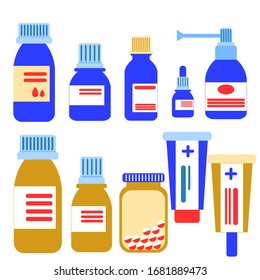 Collection with medicine bottles, jars and ointment tubes. Nasal drops. Throat spray. Pharmacy and health care. Medicine concept. Antibiotic therapy. Pneumonia and coronavirus treatment. COVID-19
