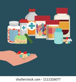 Collection of medicine bottles and pills. Vector illustration