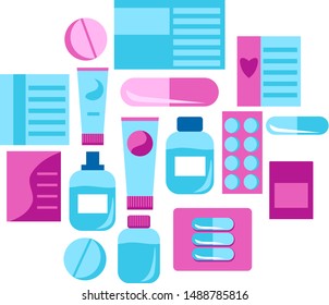 Collection of medicine bottles, sprays, tablets and capsules, drops, pills. Vector trendy illustration for article, poster, banner, website.