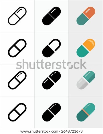 A collection of medicine capsule icons arranged in a grid, showing black outline versions, filled black silhouettes, and capsules with different color combinations on a white background.