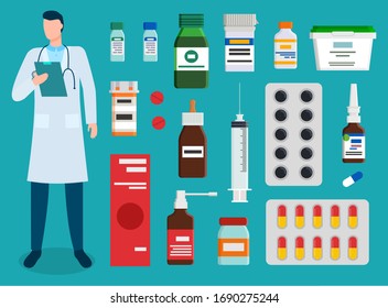Collection of medicine and doctor examining history of patient illness. Set of pills and syringe, tubes and inhalers for sickness treatment. Surgeon looking at xray in hands. Medical care vector