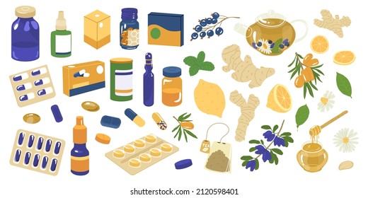 Collection with medicine and health nature products. Tablets, capsule blisters, glass bottles with liquid medicines, ginger, honey, lemon, berries. Health care concept. Vector illustration.