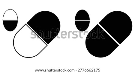 Collection of medicine icons: tablets, capsules isolated on white background, Vector, illustration eps 10.