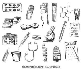 Collection of medicine vector hand drawn sketches isolated on white background. Set of doodle illustrations