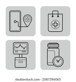 Collection of medicine-related icons: medical app location tracking, prescription bag, health monitor, and medication bottle with timer