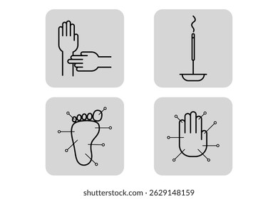 Collection of medicine-related icons showcasing hand examination, incense stick, foot with acupuncture points, and hand with therapy markers