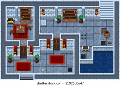 Collection of medieval castle and dungeon tiles and objects for creating top down fantasy RPG video games