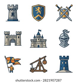 A collection of medieval castle icons including towers, shields, swords, and siege weapons.