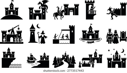Collection of medieval fantasy castle illustrations featuring dragons, knights, royalty, and various architectural styles, perfect for storybook design