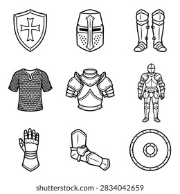 Collection of medieval knight armor elements including helmet shield gauntlet and full suit