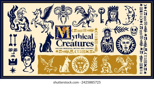 A collection of medieval linocut style engraved mythical creatures and legends. Vector illustration