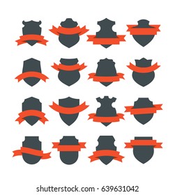 Collection of medieval shield badges with red ribbons wrapped around them. Blank vector signs with placeholders.