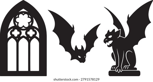 Collection of medieval silhouette vector images featuring a stained glass window, a flying bat, and a gargoyle.