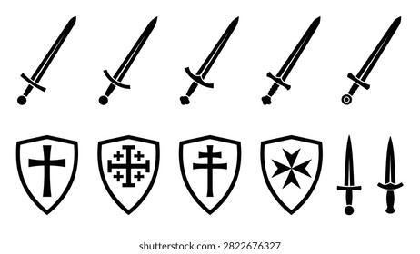 Collection of medieval swords and crusader shields, rendered as black and white vector icons. Featured items include various knightly swords and shields adorned with different crosses like the Latin cross, Jerusalem cross, Maltese cross, and cross pattee. Ideal for historical, religious, and fantasy design projects.