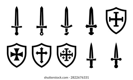 Collection of medieval swords and shields with various crosses, presented as black and white vector icons. Includes knightly swords and defensive shields featuring Christian symbols such as the Latin cross, Maltese cross, and Jerusalem cross. Perfect for themes of crusades, medieval history, and religious iconography.