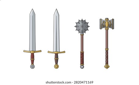 Collection of medieval weapons including two broadswords a spiked mace and a war hammer.