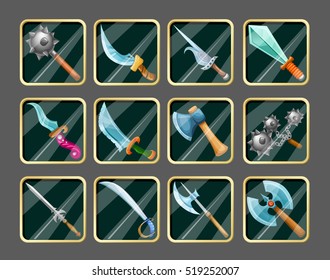 Collection of medieval weapons isolated icon set in squares and in cartoon style vector illustration