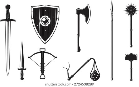 A collection of medieval weapons and a shield, including swords, axes, maces, bows, and crossbows.