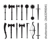 Collection of Medieval Weapons Silhouettes Including Swords Axes Mace and Bow for Historical Illustrations and Fantasy Designs