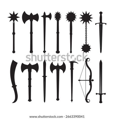 Collection of Medieval Weapons Silhouettes Including Swords Axes Mace and Bow for Historical Illustrations and Fantasy Designs