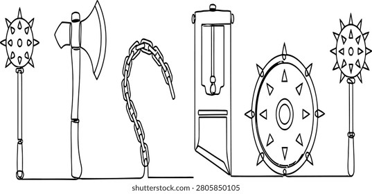 A collection of medieval weapons and tools drawn in a continuous line art style