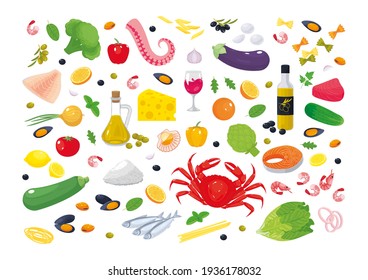 Collection of Mediterranean cuisine ingredients: vegetables, seafood, olive oil, fish, pasta, fruits, cheese. Healthy food. Vector illustration, set of icons, stickers, symbols, badges, design element