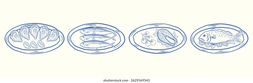 Collection of Mediterranean seafood illustrations. Salmon, sardines, oysters in linear ink style. Perfect for food branding, labels, and vintage culinary graphics.