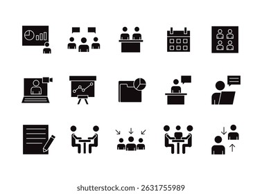 A collection of meeting icons in solid style. business meeting, classroom, team, interview, conference, work, discussion and more isolated on white background