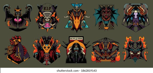 Collection Mega Set Vintage Emblem Design Grim Reaper with Heart Brain and RIP Stone Bat Necklace Girl Cyber Prison Flame Burn out Chicken War Suit Cat Sphinx Hand Head Character Monster Illustration