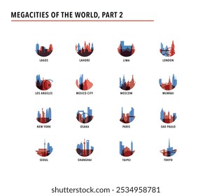 Coleção de megacidades logos, ícones para infográficos, índice, apresentação, ranking - Lagos, Lahore, Lima, Londres, Los Angeles, México, Moscou, Mumbai, Nova York, Osaka, Paris, São Paulo, Seul