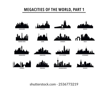 Colección de logotipos de megaciudades, iconos con los horizontes de Bangalore, Bangkok, Beijing, Bogotá, Buenos Aires, El Cairo, Chengdu, Delhi, Guangzhou, Hangzhou, Ho Chi Minh, Hyderabad, Estambul, Johannesburgo