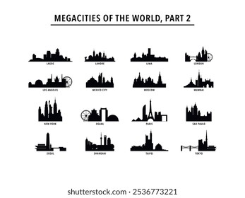 Colección de logotipos de megaciudades, íconos con horizontes de Lagos, Lahore, Lima, Londres, Los Ángeles, México, Moscú, Mumbai, Nueva York, Osaka, París, Sao Paulo, Seúl, Shanghai, Taipei, Tokio