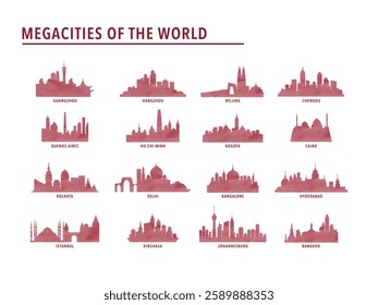 Collection of megacities logos, icons with skylines of Bangalore, Bangkok, Beijing, Bogota, Buenos Aires, Cairo, Chengdu, Delhi, Guangzhou, Hangzhou, Ho Chi Minh, Hyderabad, Istanbul. Watercolor style