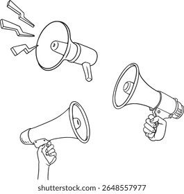 Coleção de arte de linha de megafone. Apresentando ambas as mãos segurando megafones e vários estilos de onda de som, estas ilustrações são ideais para transmitir anúncios, promoções, alertas.