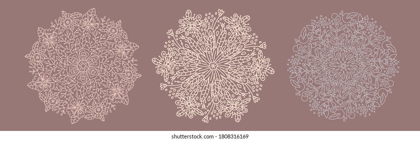 Collection of mehendi floral patterns. White lace designs in a circle for printing on pillows, T-shirts, bags. Henna tattoo. Cyclic ornament set. Design Element