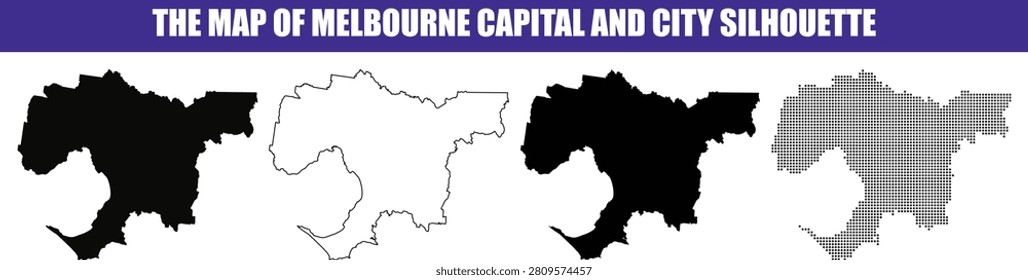 Collection of Melbourne geographical outlines and solid shapes. Ideal for urban planning travel marketing and informational graphics presentations.