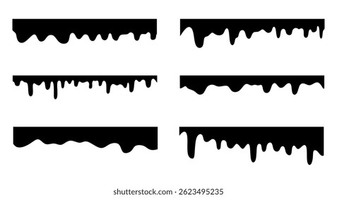 Uma coleção de bordas derretidas em um desenho animado plano. Gotas de tinta preta isoladas em um fundo branco. Derreter preto gotas ou gotas de tinta líquida. Tinta pingando. Líquido escorrendo.	