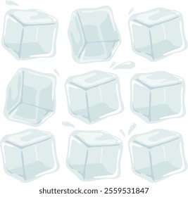 Collection of melted ice cubes. Set of ice cubes for cold drinks isolated on white background. Ice blocks and melted ice cubes. Vector illustration.