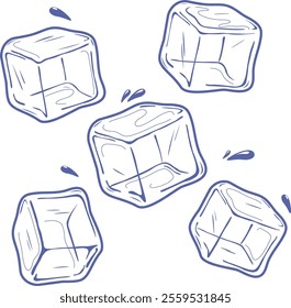 Collection of melted ice cubes sketch symbol. Hand drawn ink stroke drawing. Set of ice cubes for cold drinks isolated on white background. Ice blocks and melted ice cubes. Vector illustration.