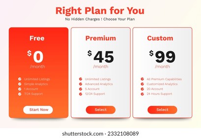 Collection of membership pricing plans for websites and applications. Hosting table banner. Vector illustration