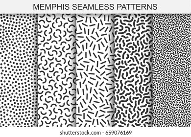 Collection of memphis seamless patterns. Black and white textures. Trendy fashion design 80-90s. You can find seamless backgrounds in swatches panel.