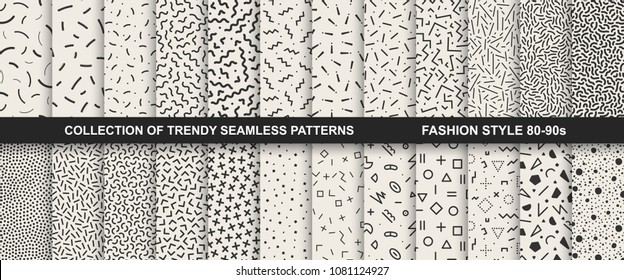 Collection of memphis seamless patterns. Fashion 80-90s. You can find seamless backgrounds in swatches panel