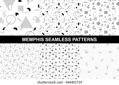 Collection of memphis seamless patterns. Vector abstract memphis patterns with mosaic geometric shapes - seamless. Retro memphis hipster style, fashion 80-90s. Black and white texture.