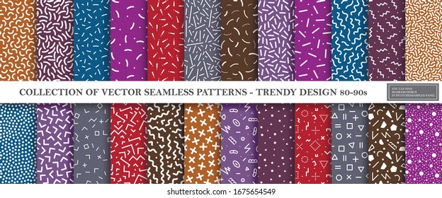 Collection of memphis seamless vibrant patterns. Retro style - fashion 80-90s. Color textures - trendy textile backgrounds. You can find repeatable design in swatches panel.