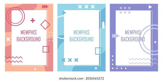 Collection of memphis style templates with colorful frames on white background. Abstract creative background for advertising with copy space for text. Flat cartoon vector illustration