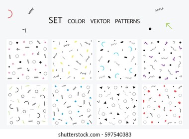 A collection of memphis templates. Retro style of 80-90-ies. Fashionable geometric background for your design. Flat vector for printing. A set of abstract illustrations for decoration.