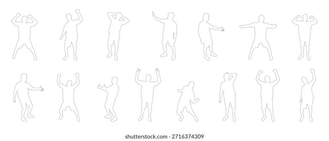 Colección de los contornos de los hombres animando, saltando, y mostrando los pulgares hacia arriba gestos. Ilustración vectorial