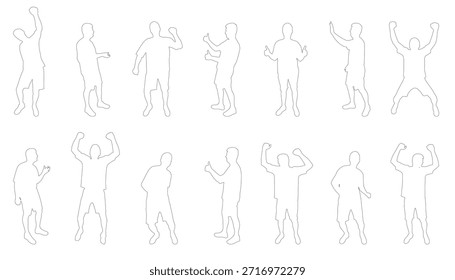 Colección de los contornos de los hombres animando, saltando, y mostrando los pulgares hacia arriba gestos. Ilustración vectorial