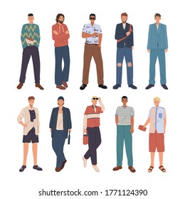 Colección de hombres vestidos con ropa de moda aislados de fondo blanco. Ropa de moda masculina en ilustración de caricatura plana